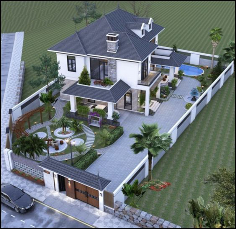 Mẫu thiết kế nhà 2 tầng đẹp mái thái.