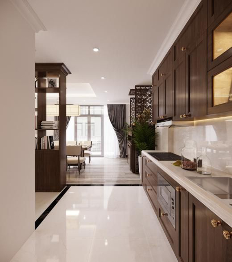 Thiết kế căn hộ chung cư 100m2 - 3 phòng ngủ hiện đại với màu nâu gỗ