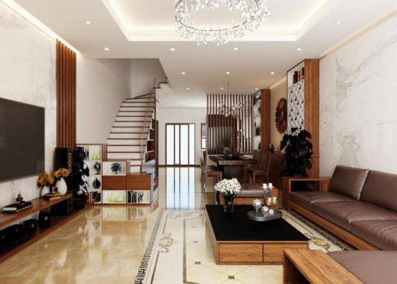 Mẫu thiết kế phòng khách nhà ống 5m liền bếp