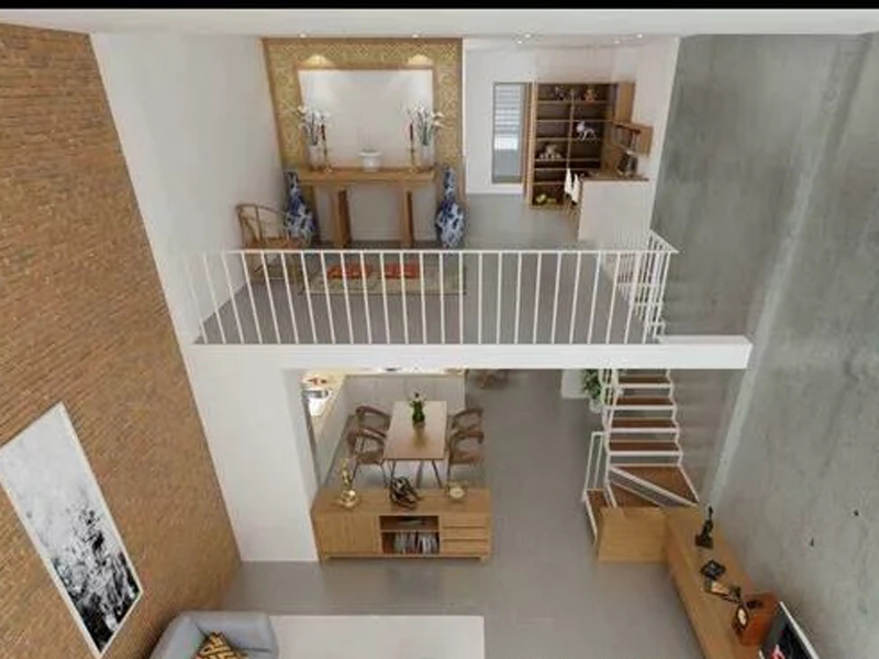 Mẫu thiết kế phòng khách nhà ống 2 tầng có gác lửng
