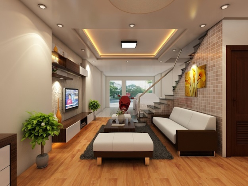 Thiết kế phòng khách nhà ống với gam màu trung tính