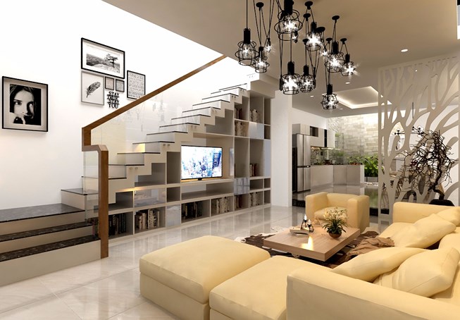 Thiết kế phòng khách nhà ống kết hợp với cầu thang