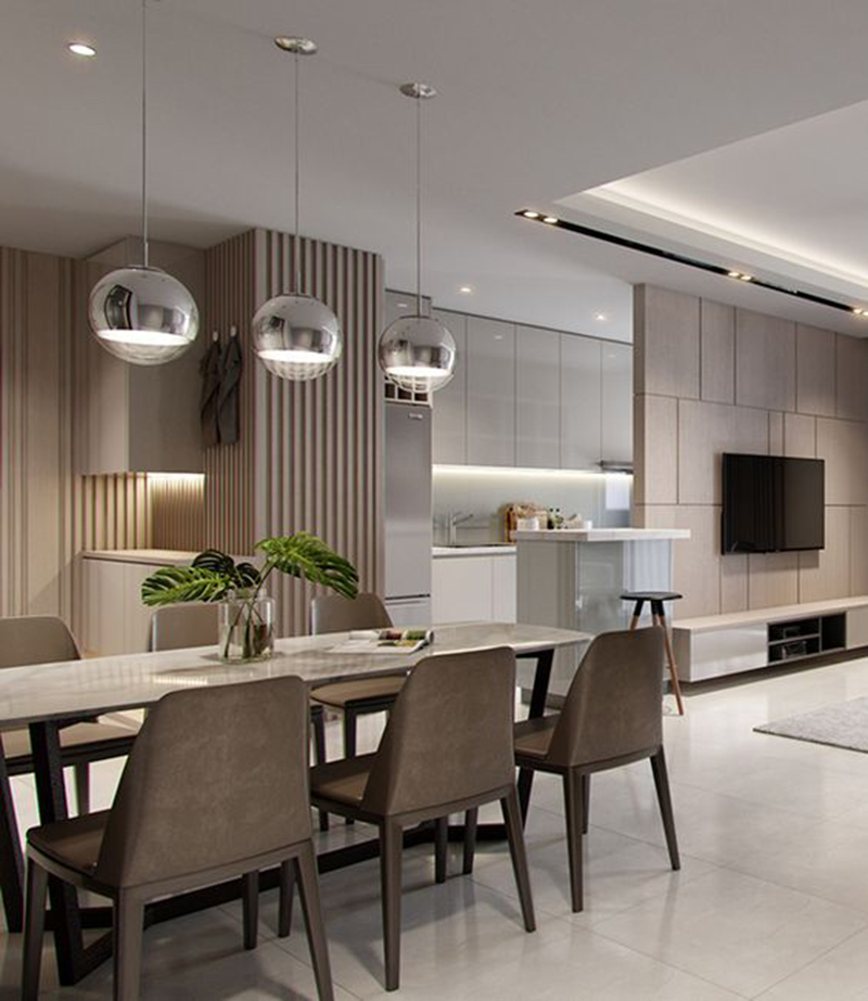 Mẫu thiết kế nội thất chung cư 3 phòng ngủ hiện đại với màu nâu gỗ
