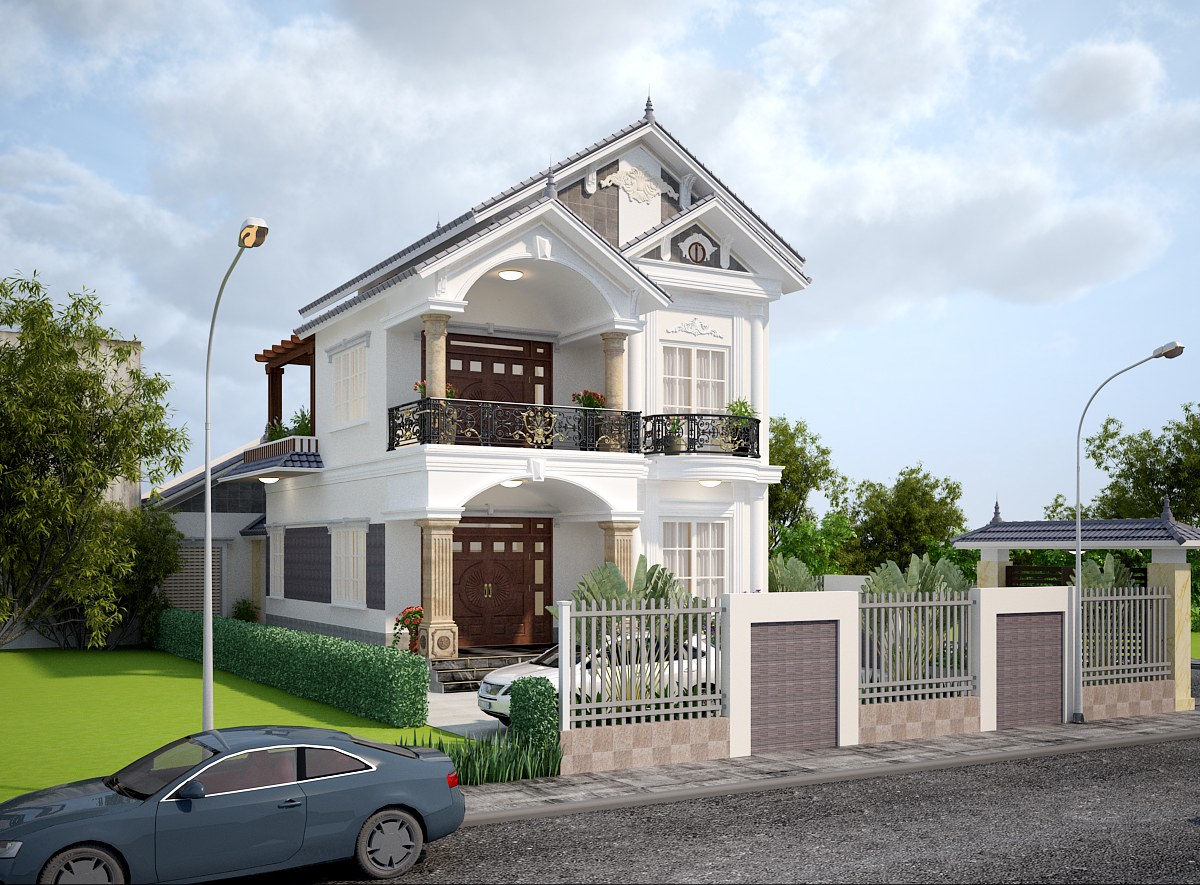 Mẫu nhà phố 2 tầng mái thái mặt tiền 8m có gara